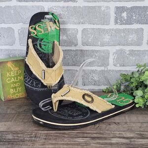 Guinness Mens Thong Sandals Built-In Bottle Opener Canvas Black Tan US 11 *READ*